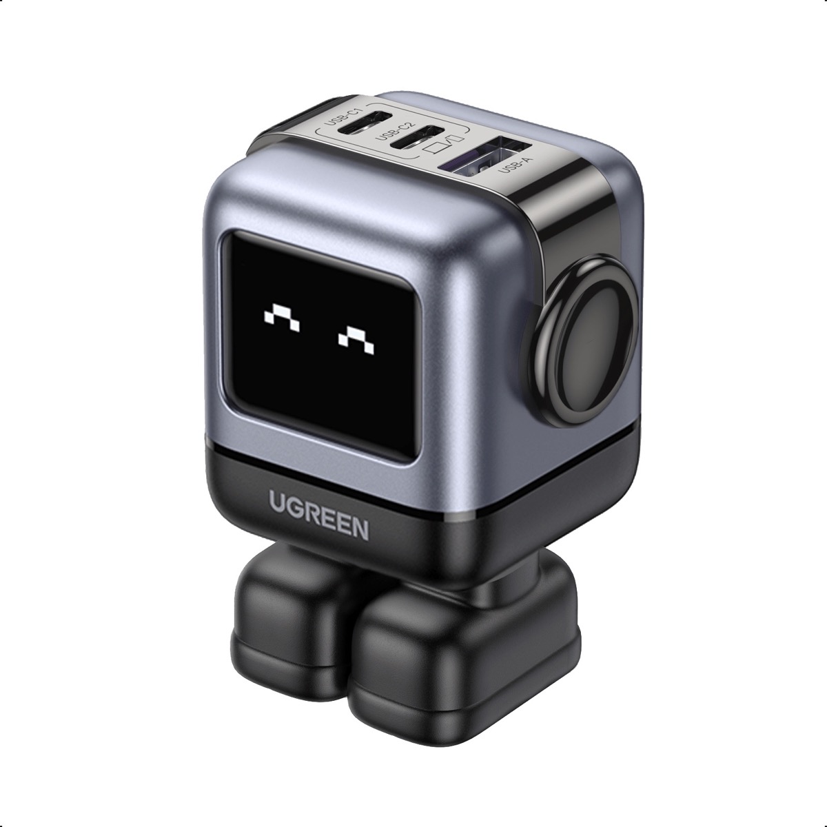 UGREEN Uno 65W GaN charger with cute robot face LED display showing charging status in black finish
