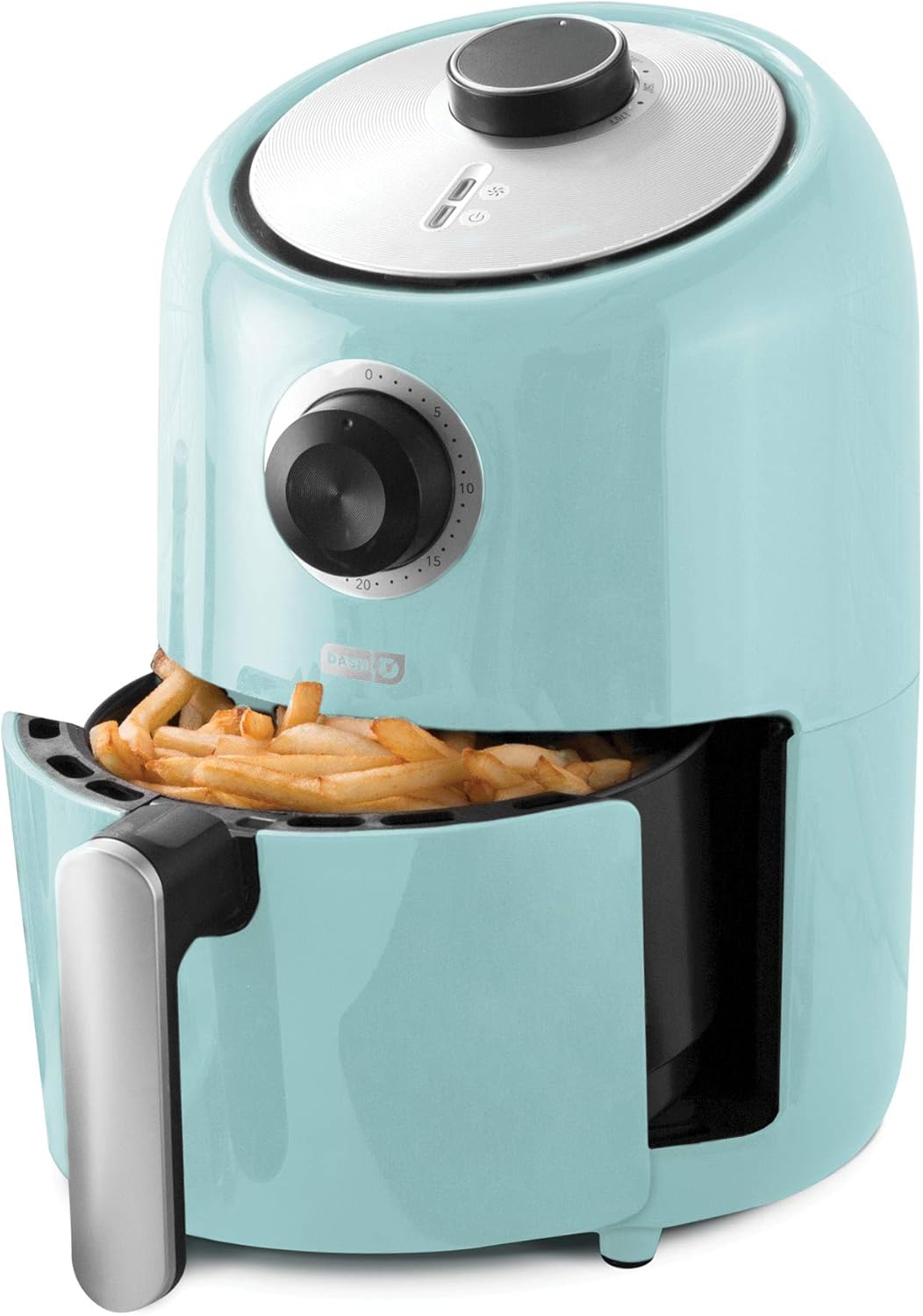 Dash Compact 2-quart air fryer in aqua with analog dial controls and rounded retro design, the best budget pick for tiny kitchens