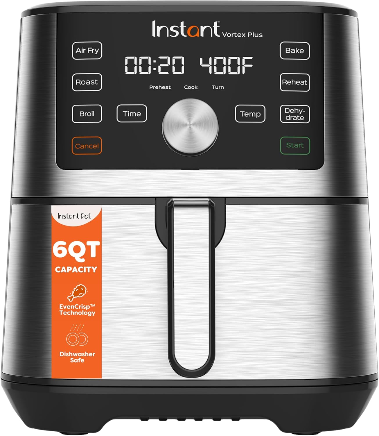 Instant Vortex Plus 6-quart air fryer in stainless steel with touchscreen control panel, the best pick for couples who batch-cook