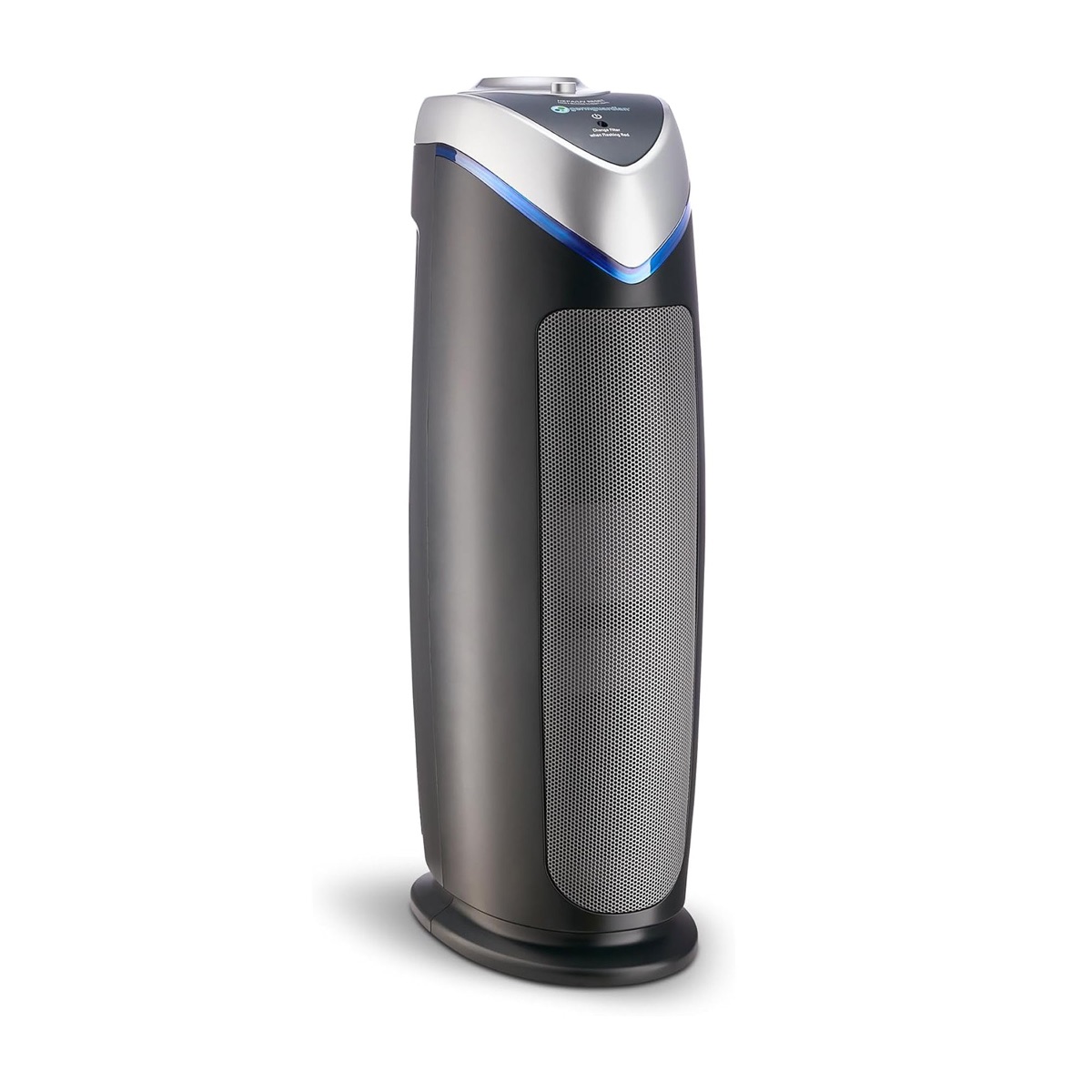 GermGuardian AC4825E 22-inch tower air purifier with a curved dark grey body and blue-lit top panel