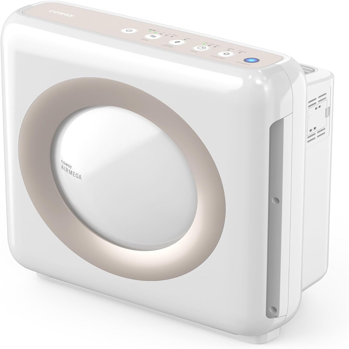 Coway Airmega AP-1512HH Mighty white air purifier with a circular front vent and top-mounted control panel