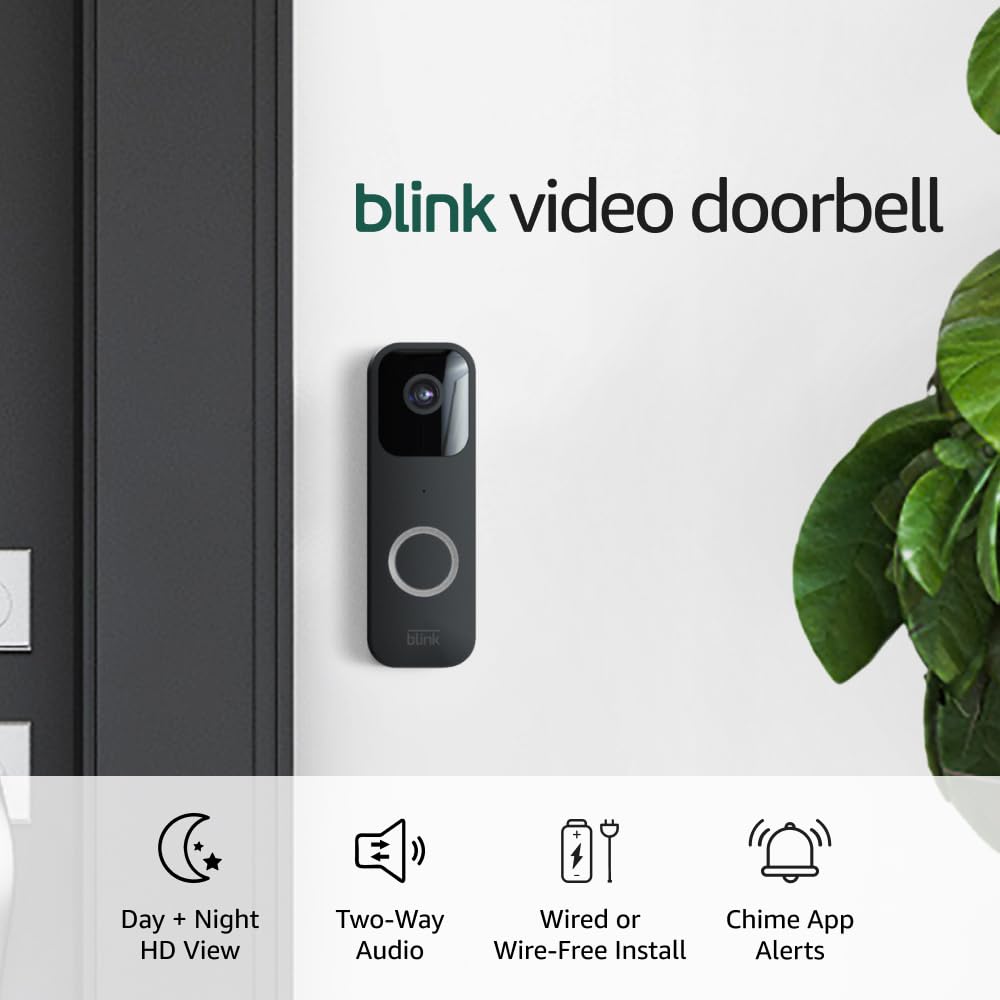 Blink Video Doorbell, black wire-free battery video doorbell with circular camera lens and lower button