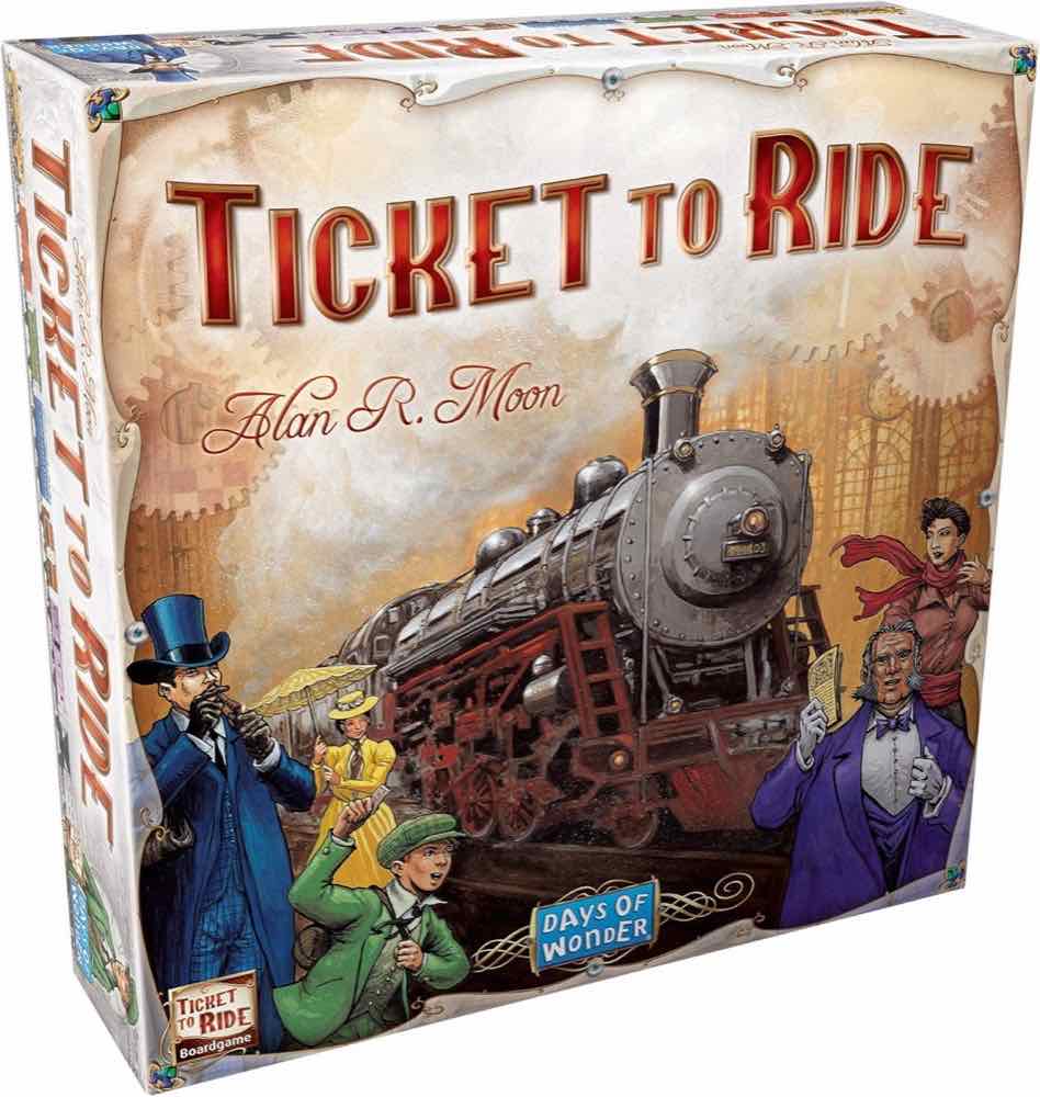Ticket to Ride board game box by Days of Wonder showing a North American railway map and colored train cars