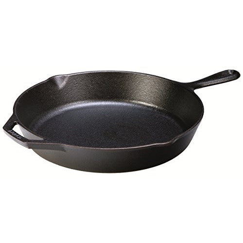 Lodge 10.25 inch black seasoned cast iron skillet with long handle, assist handle, and dual pour spouts