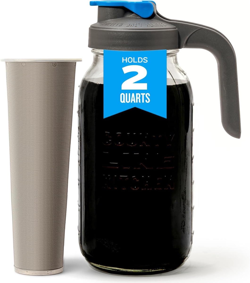 County Line Kitchen 64 oz wide-mouth glass mason jar cold brew coffee maker with stainless steel mesh filter and flip-cap lid