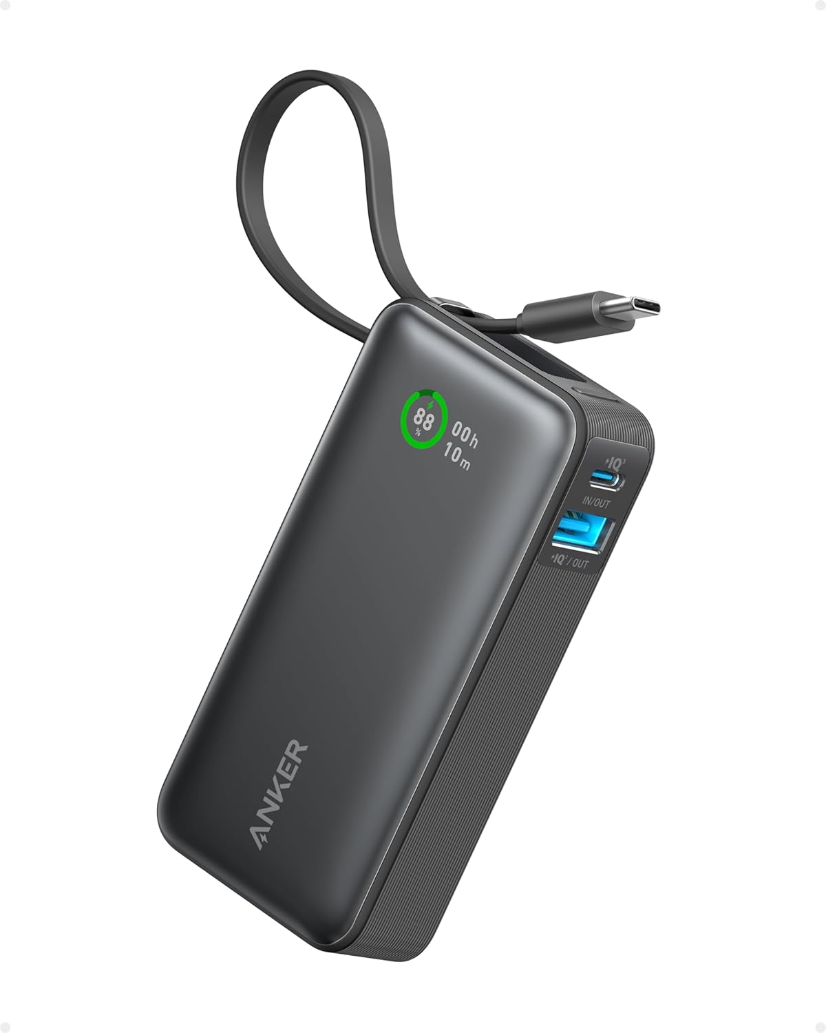 Anker Nano 10000mAh portable power bank with built-in USB-C cable in compact matte black design