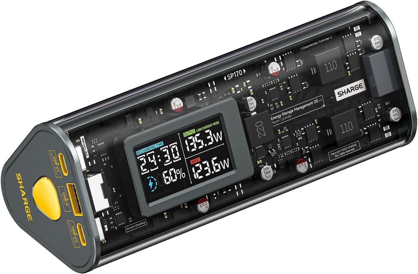 Shargeek 170 transparent power bank showing internal circuit board and battery cells with digital display