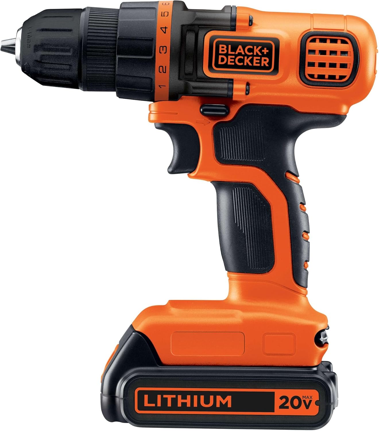 BLACK+DECKER LDX120C 20V MAX orange and black cordless drill/driver with LED work light and keyless chuck