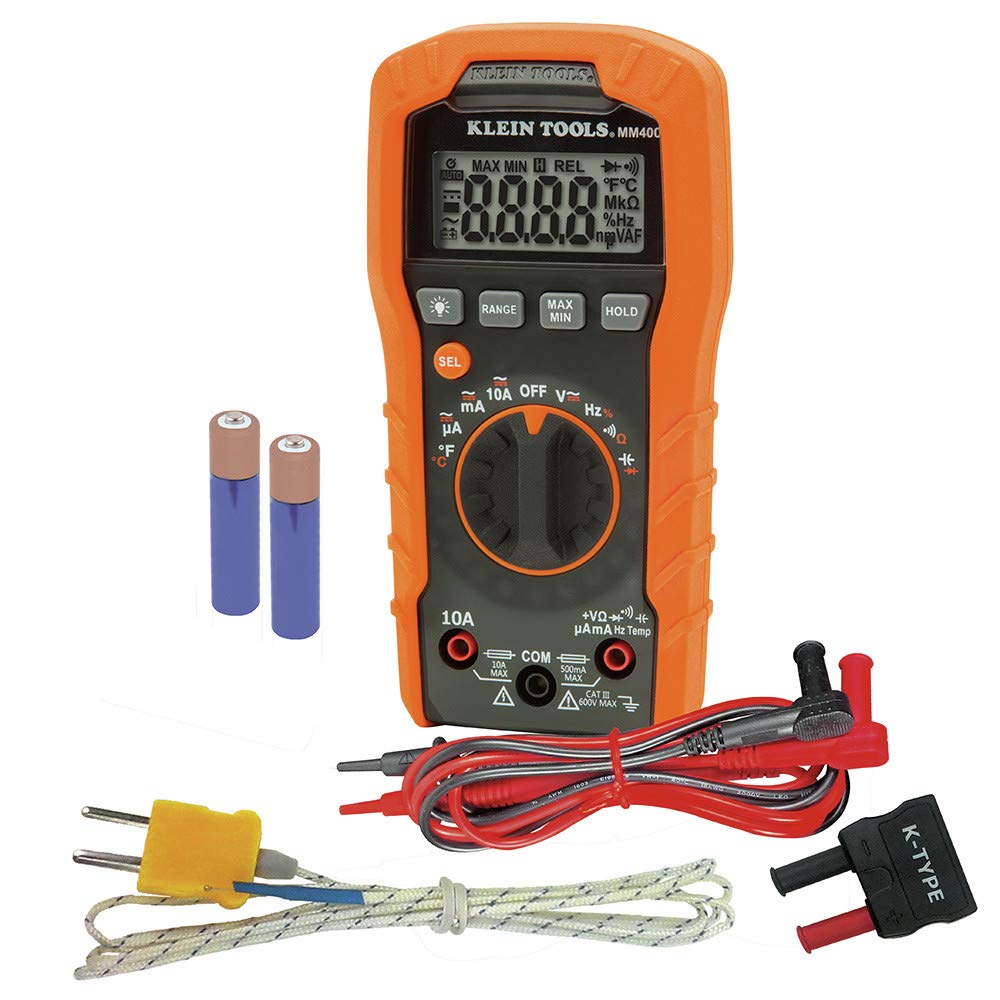 Klein Tools MM400 digital multimeter with orange and black casing, rotary dial, and backlit display