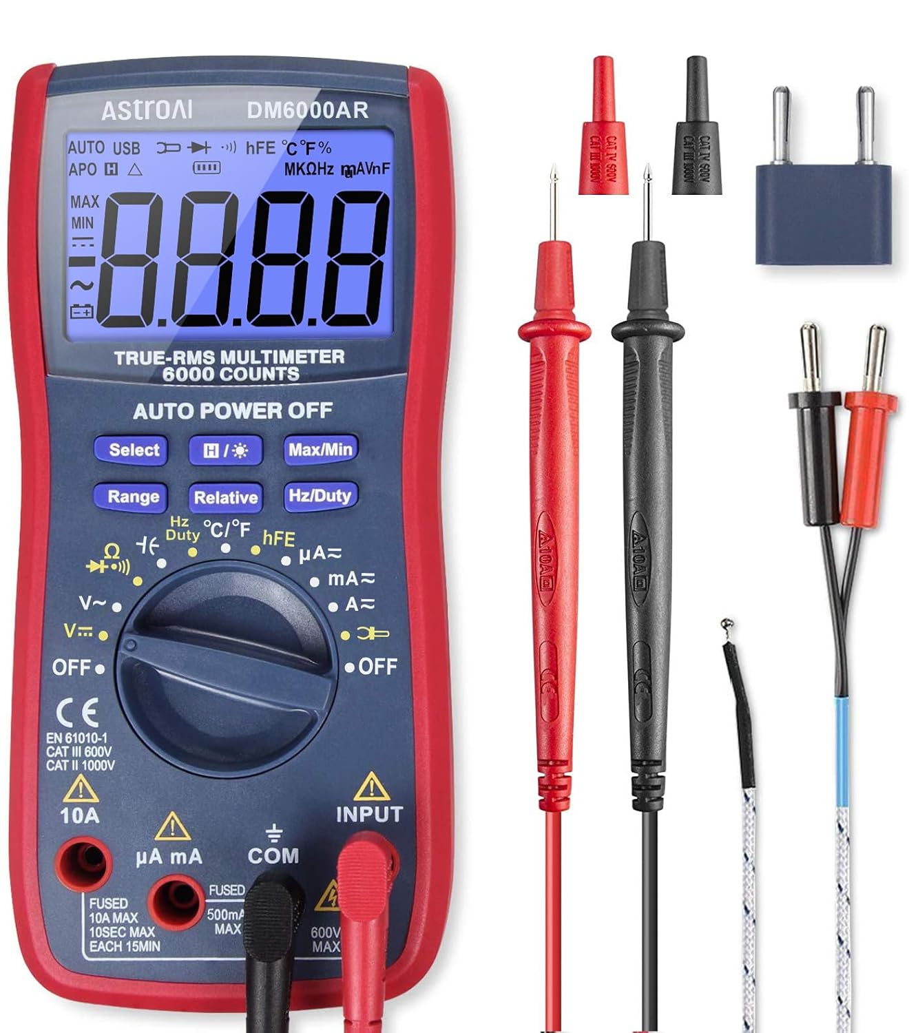 AstroAI DM6000AR digital multimeter with black casing, large backlit screen, and red test leads