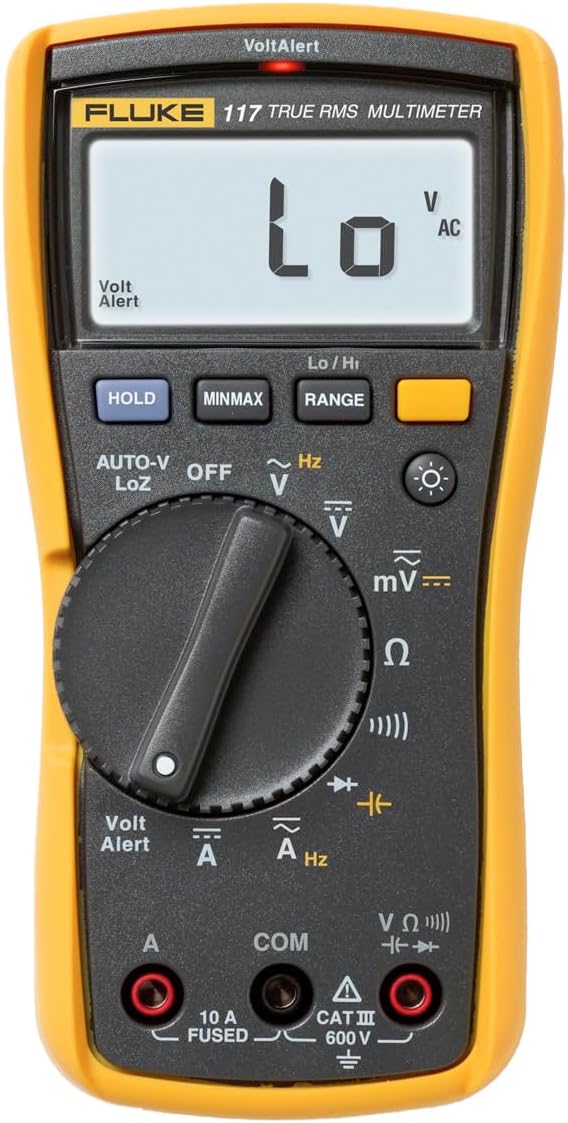 Fluke 117 electricians multimeter in yellow and grey casing with rotary dial and VoltAlert sensor at the top