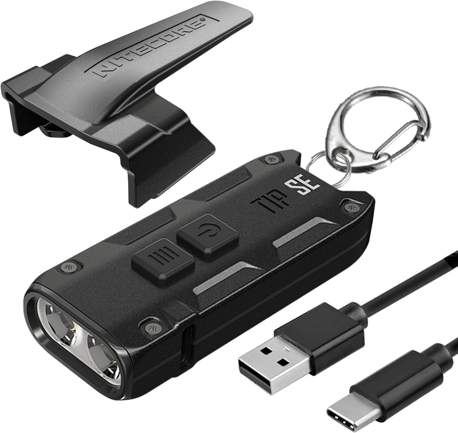 Nitecore TIP SE dual-LED keychain flashlight in black with USB-C port and removable pocket clip