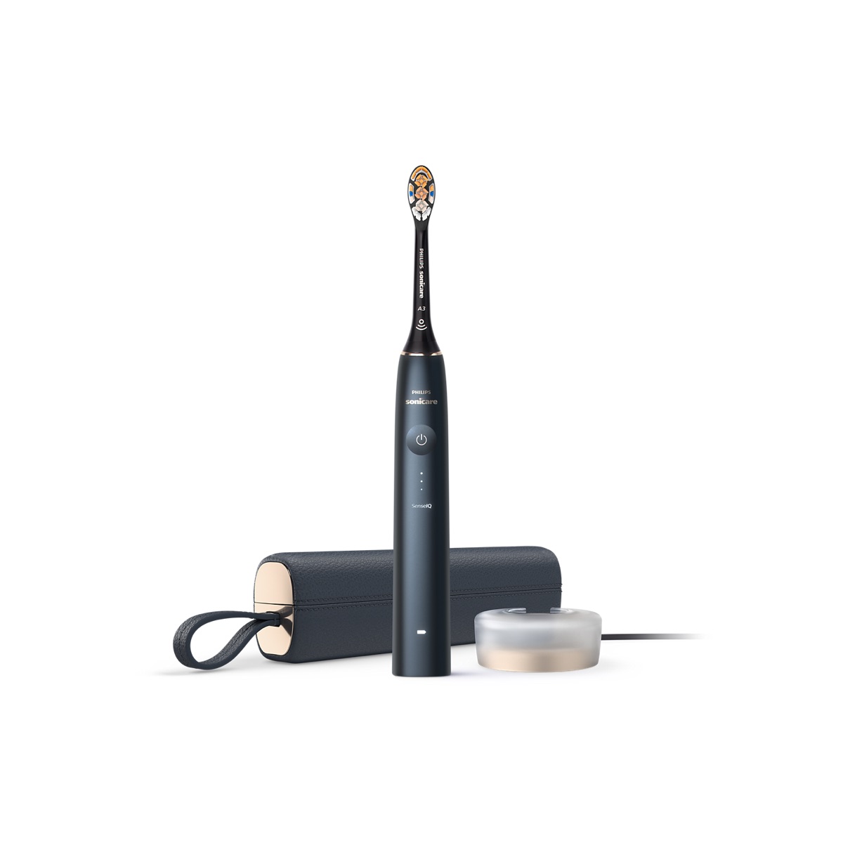 Philips Sonicare 9900 Prestige midnight blue electric toothbrush with SenseIQ, charging puck, and leather travel case