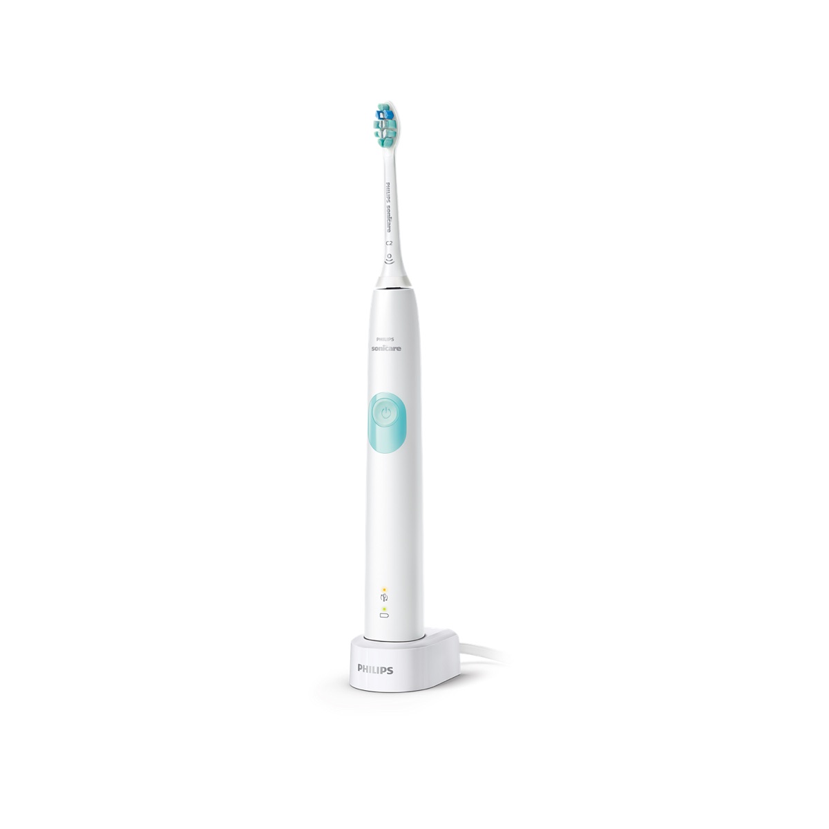 Philips Sonicare ProtectiveClean 4100 white sonic electric toothbrush on charging base with soft brush head
