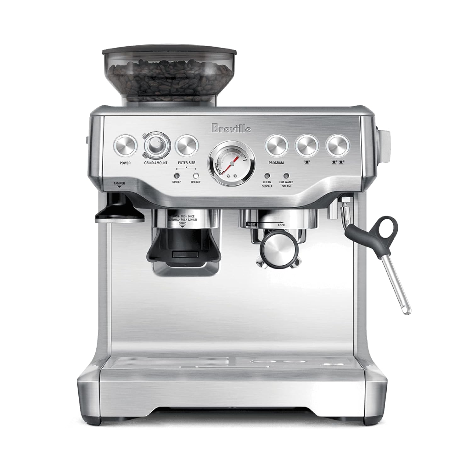 Breville Barista Express BES870XL brushed stainless steel espresso machine with integrated conical burr grinder and bean hopper on top
