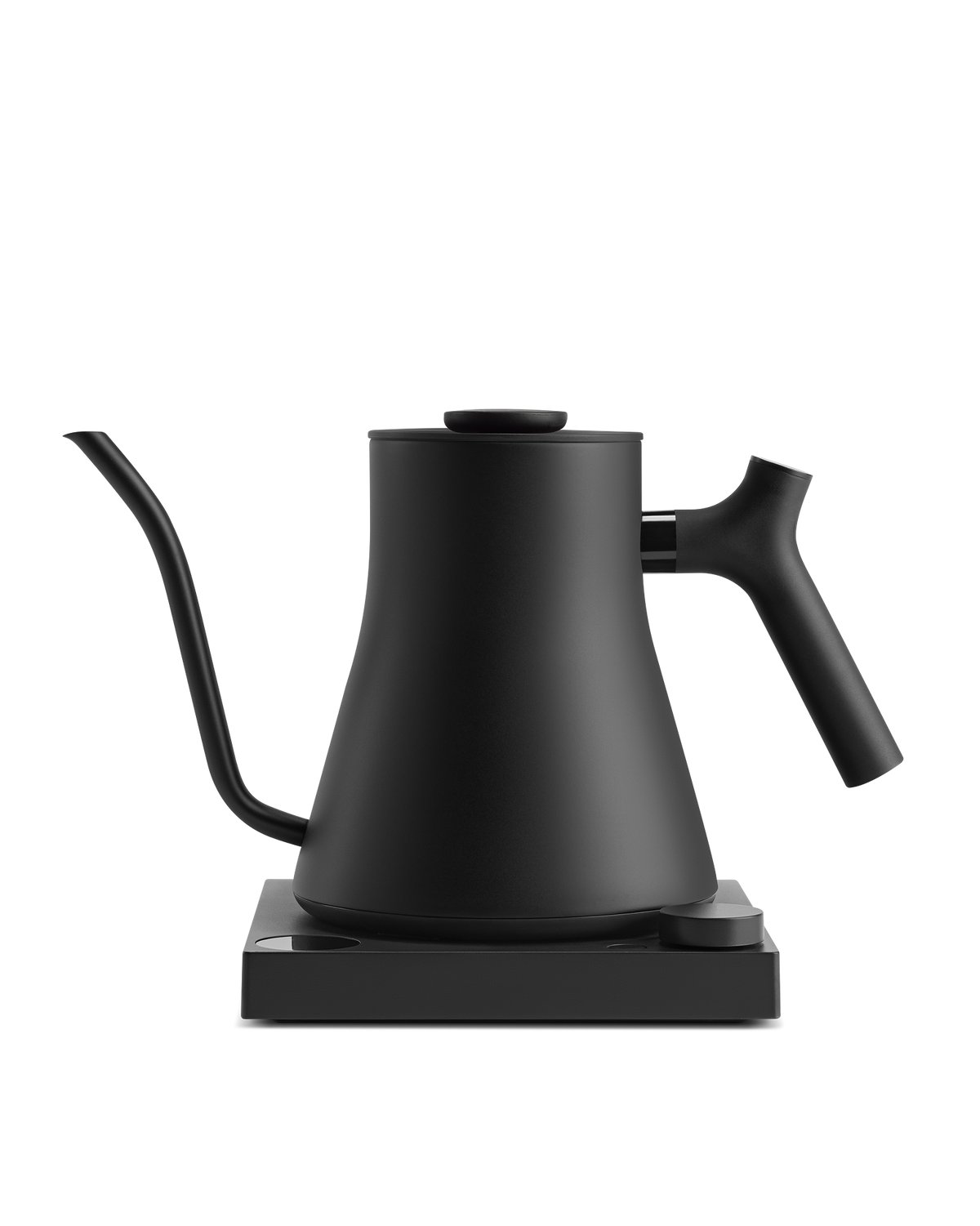 Fellow Stagg EKG Pro electric gooseneck kettle in matte black with a precision spout, LCD display screen, and counterweighted handle on a powered base