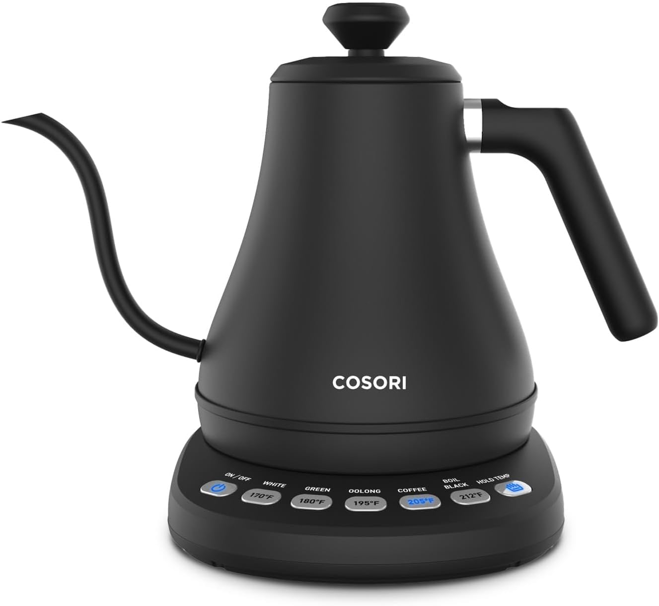 COSORI electric gooseneck kettle in black stainless steel with a five-preset control panel on the base and a curved pour-over spout