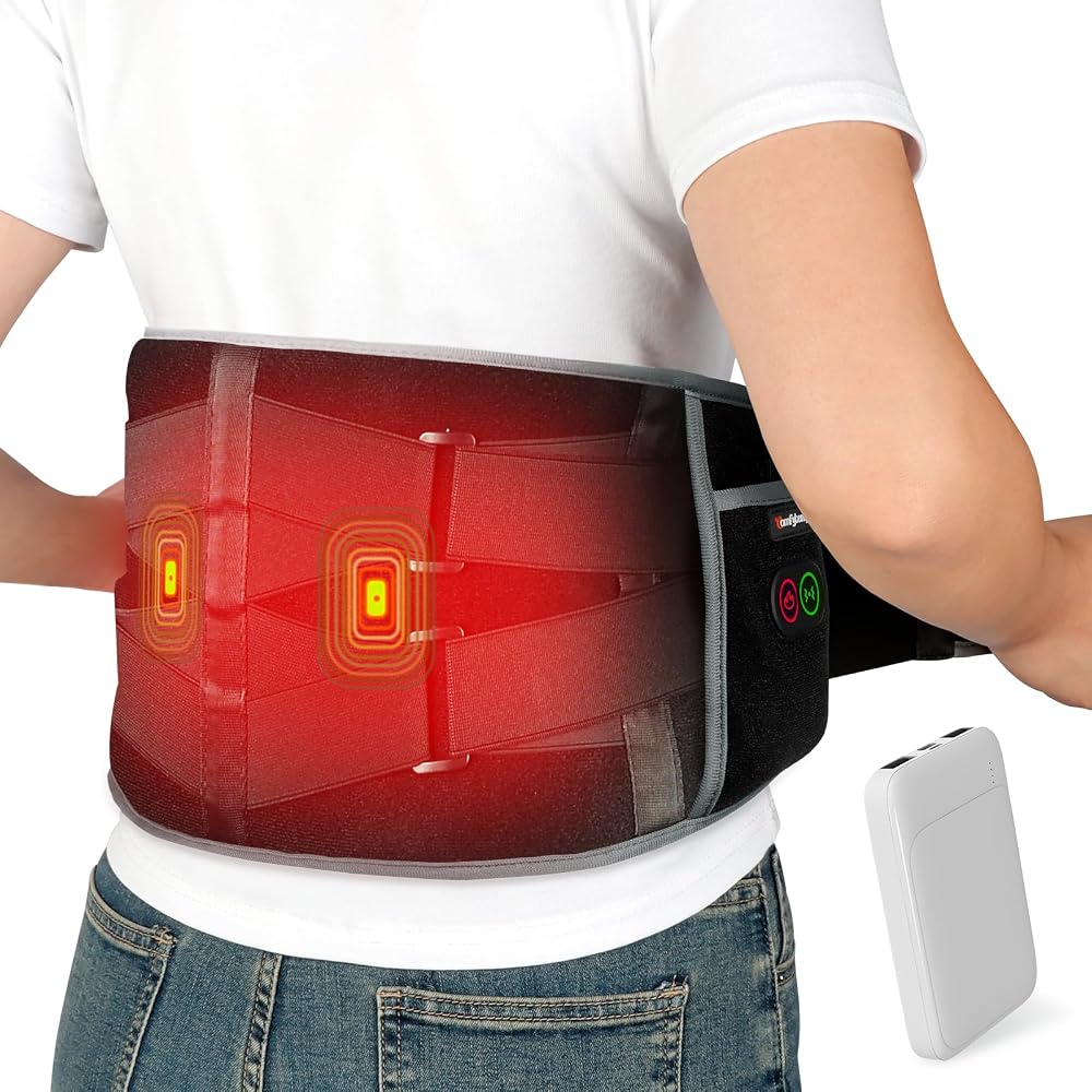 Comfytemp cordless heating pad and lower-back massager belt in gray with adjustable waist strap and rechargeable battery controller