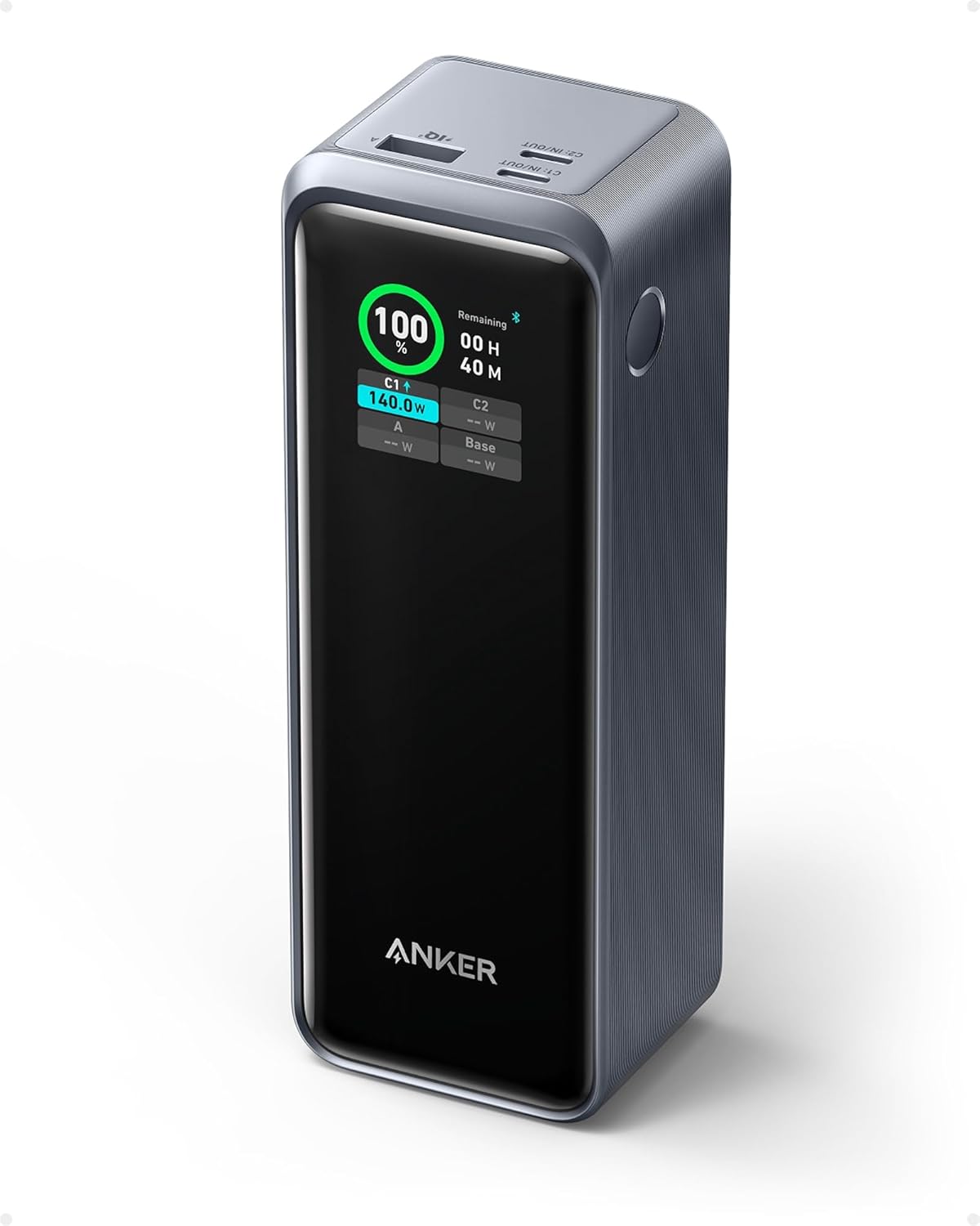 Anker Prime 27,650mAh 250W power bank with color smart display showing wattage and charge level