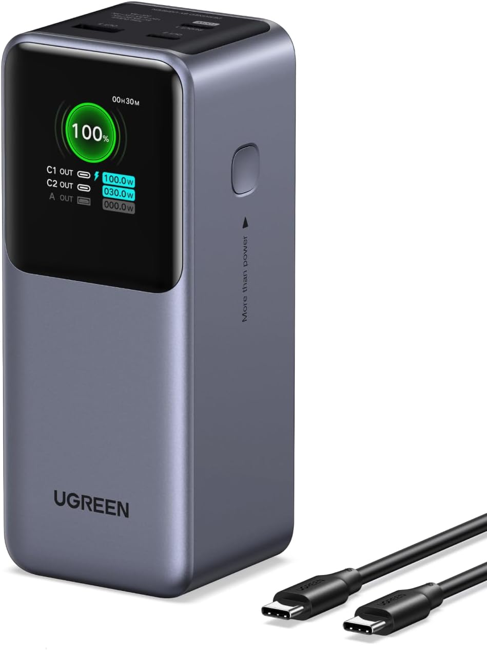 UGREEN Nexode 20000mAh 130W power bank with TFT smart display showing charge percentage