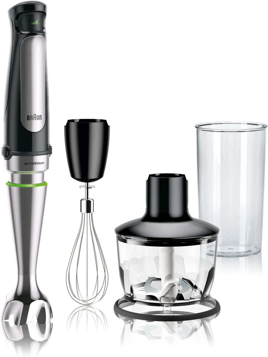 Braun MultiQuick 7 MQ7035X stainless steel immersion blender with chopper bowl, whisk, masher and beaker accessories