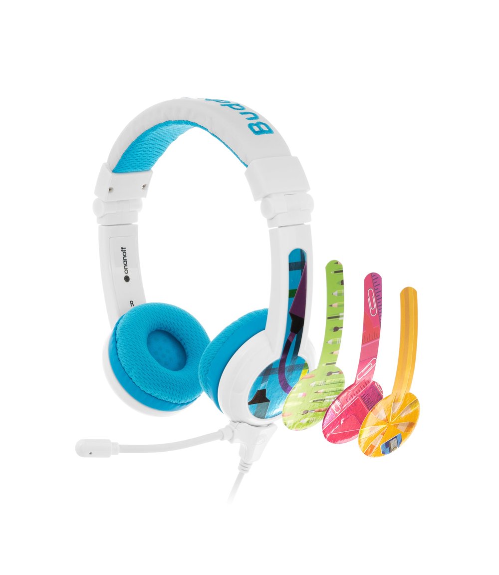 BuddyPhones School+ volume-limited kids headphones with detachable boom microphone for school