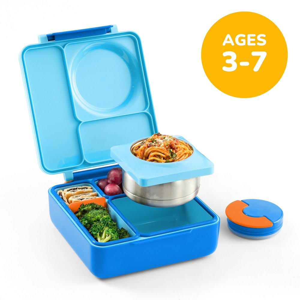 OmieBox lunch box with built-in thermos for hot and cold food zones for kids