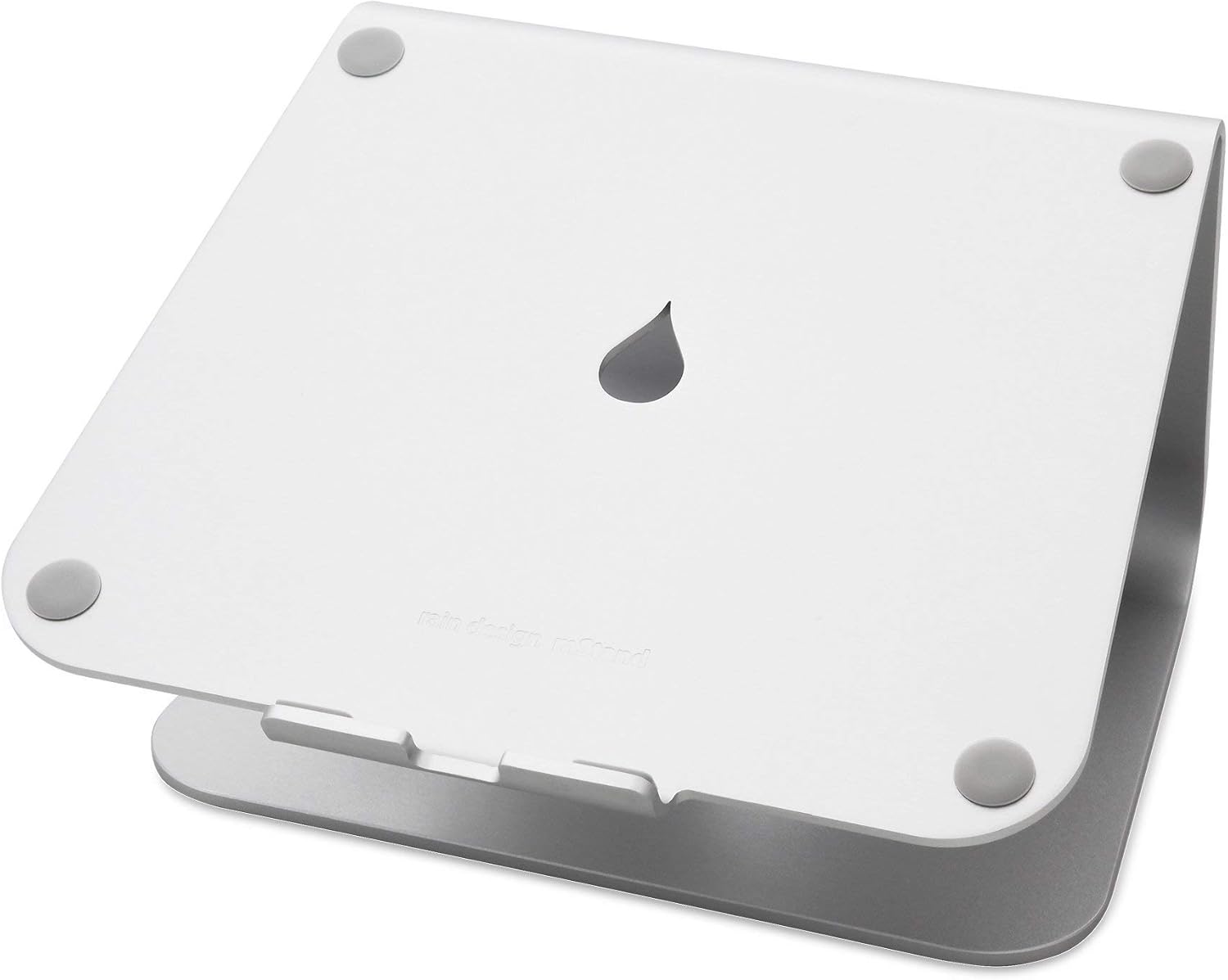 Rain Design mStand single-piece silver aluminum laptop stand raising a laptop toward eye level on a desk