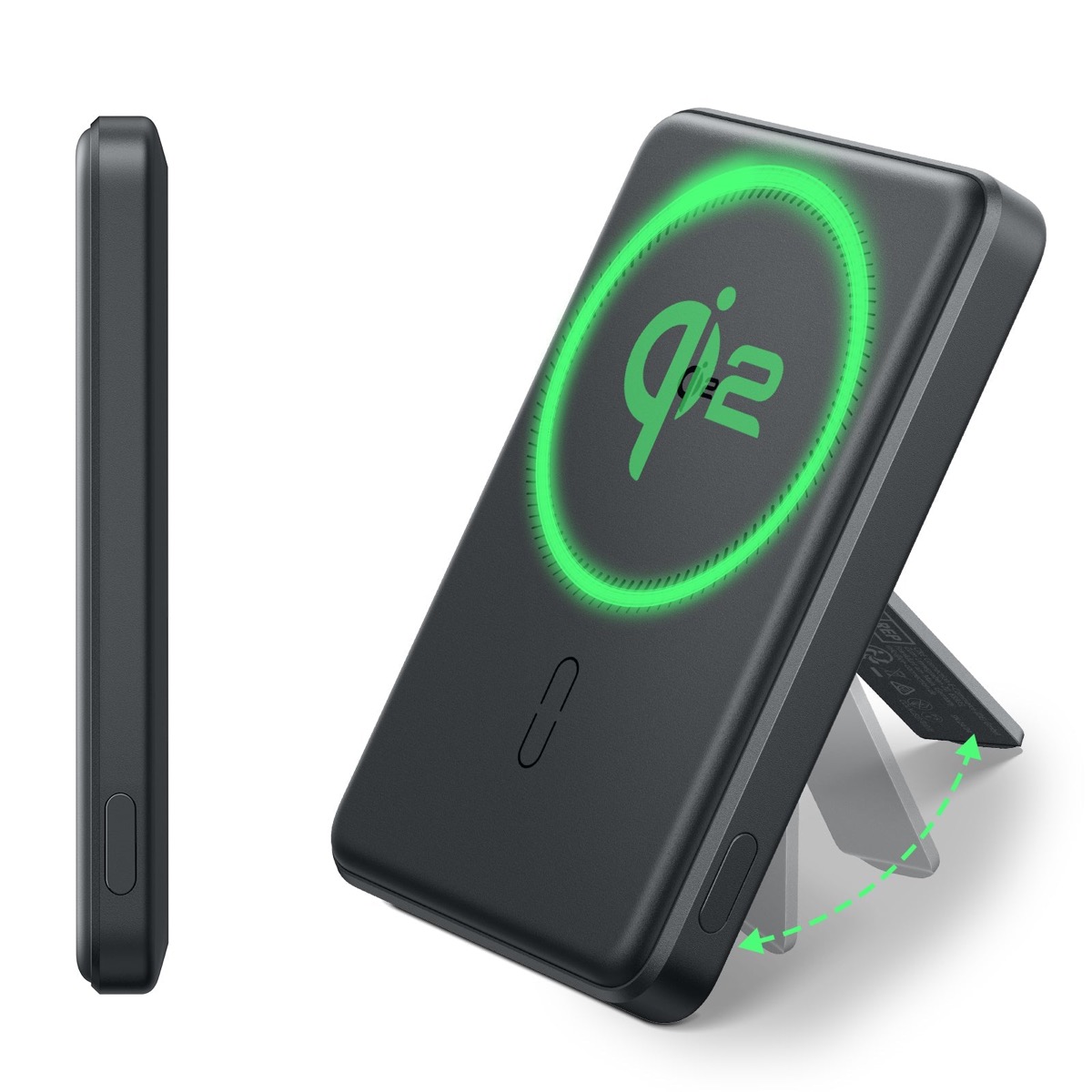 ESR MagSlim Kickstand 5000mAh Qi2 MagSafe power bank in black with the rear kickstand folded out to prop up a phone
