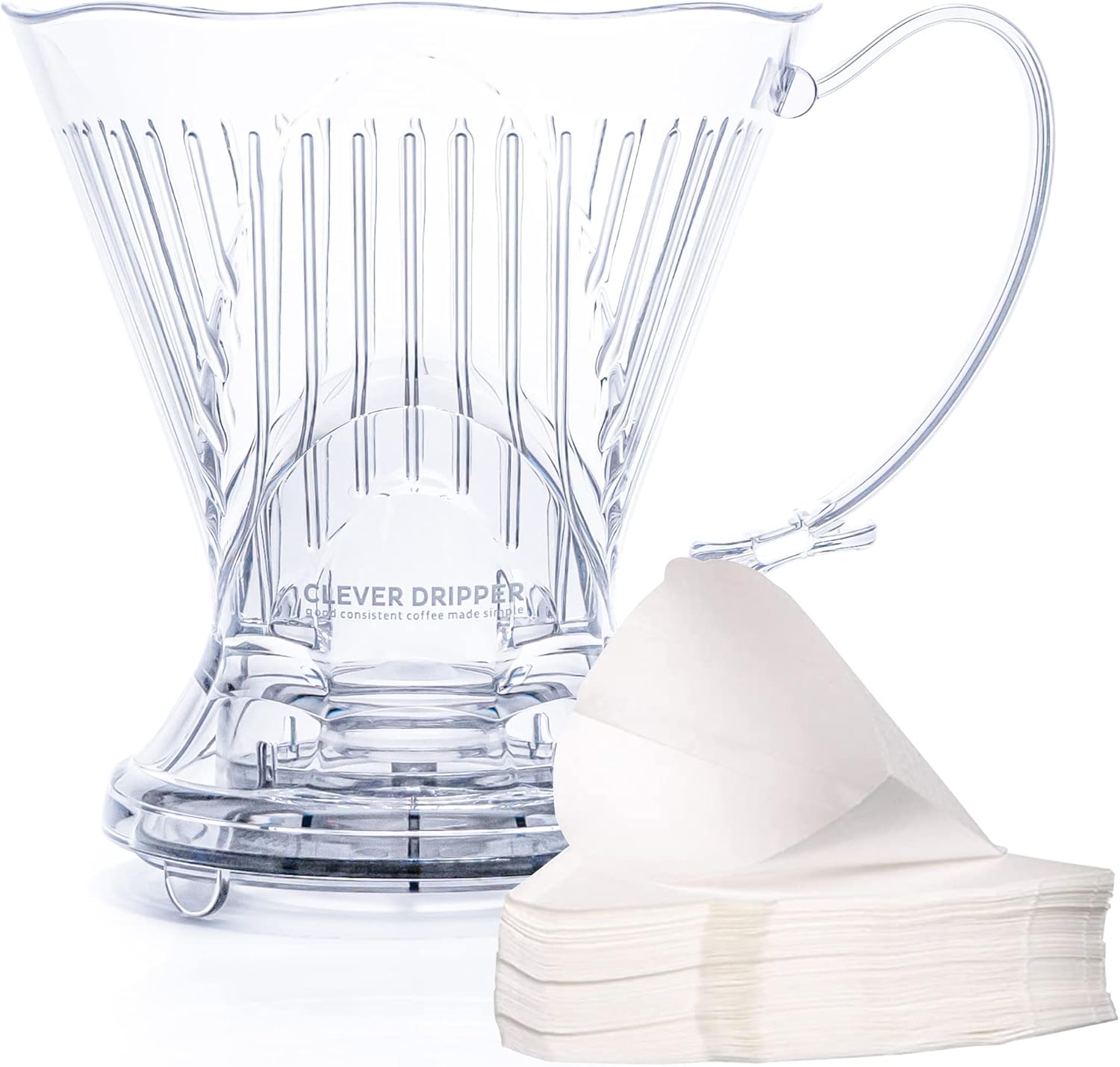 Clever Coffee Dripper Large, transparent BPA-free plastic immersion brewer with shut-off valve sitting on a white mug