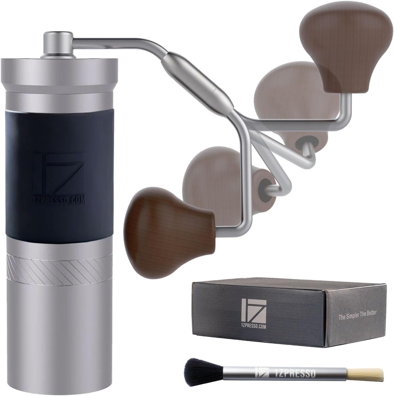 1Zpresso JX-Pro S manual coffee grinder with brushed silver body, black knurled grip ring, and folding stainless steel hand crank