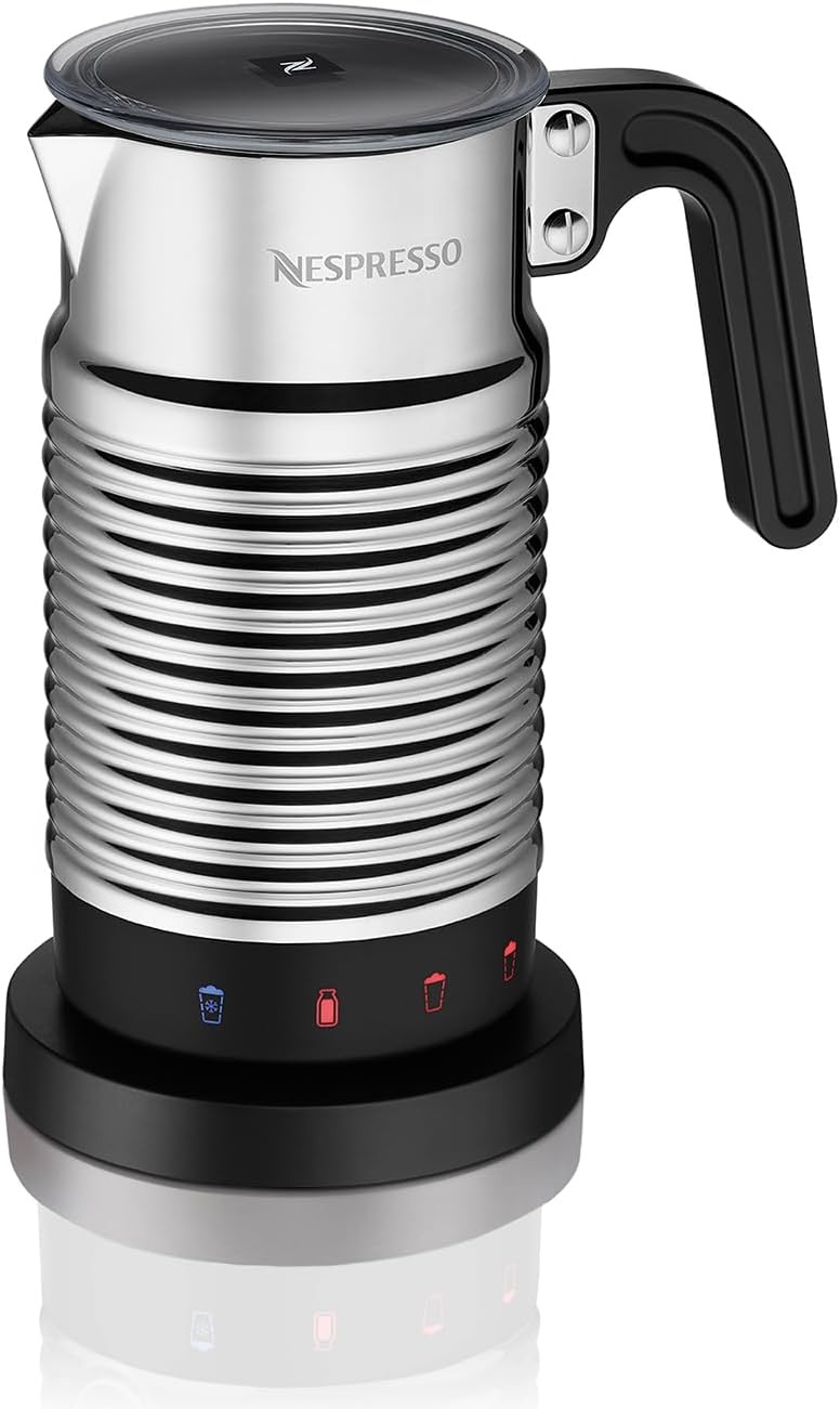 Nespresso Aeroccino 4 milk frother, chrome cylindrical jug with black lid on its power base