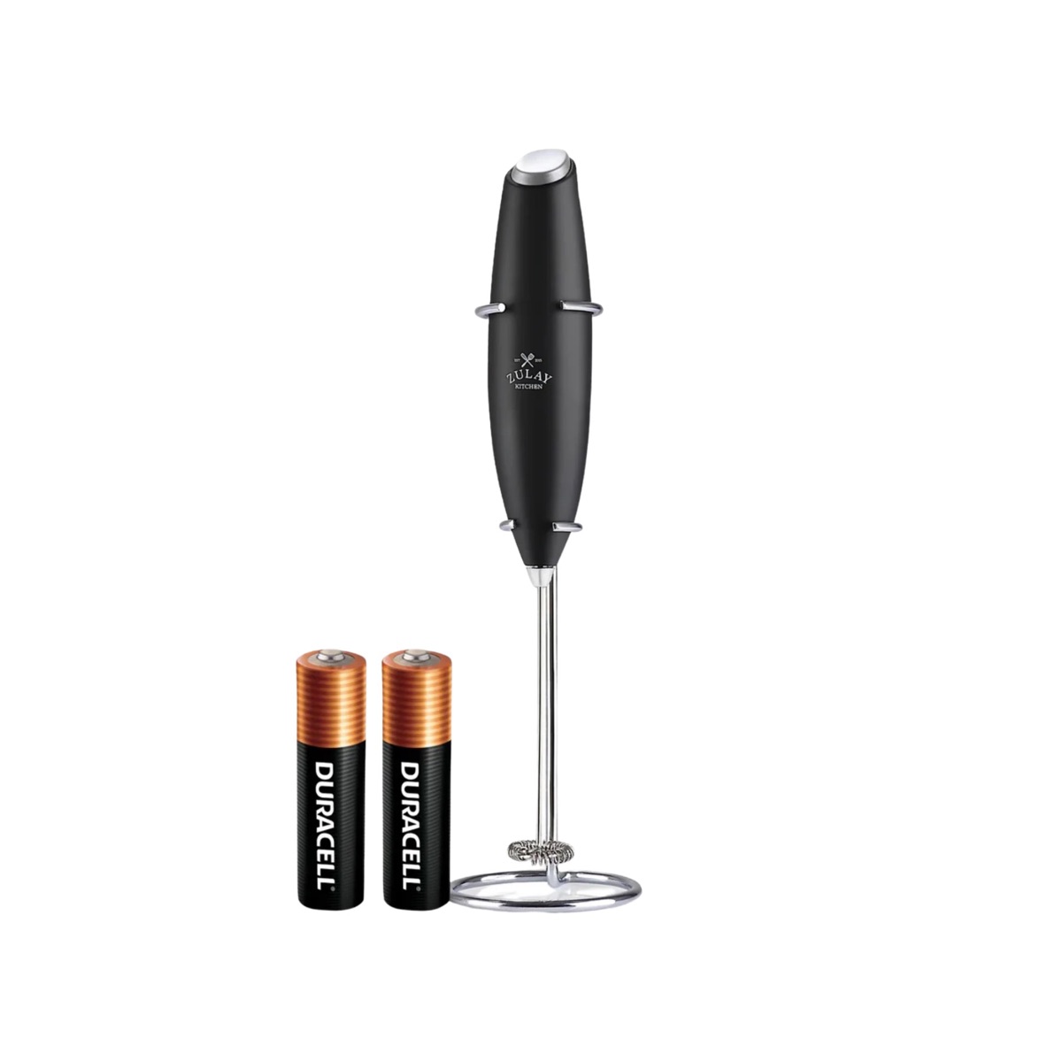 Zulay handheld milk frother wand in black with a stainless steel coil whisk