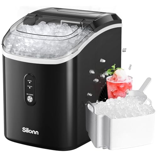Silonn black countertop nugget ice maker, a compact chewable pellet ice machine with self-cleaning, producing soft Sonic-style nugget ice for home use