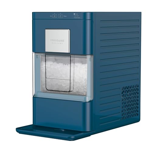 Frigidaire Gallery EFIC255 countertop nugget ice maker in navy with touchscreen control panel and stainless-steel accent, making chewable Sonic-style pellet ice