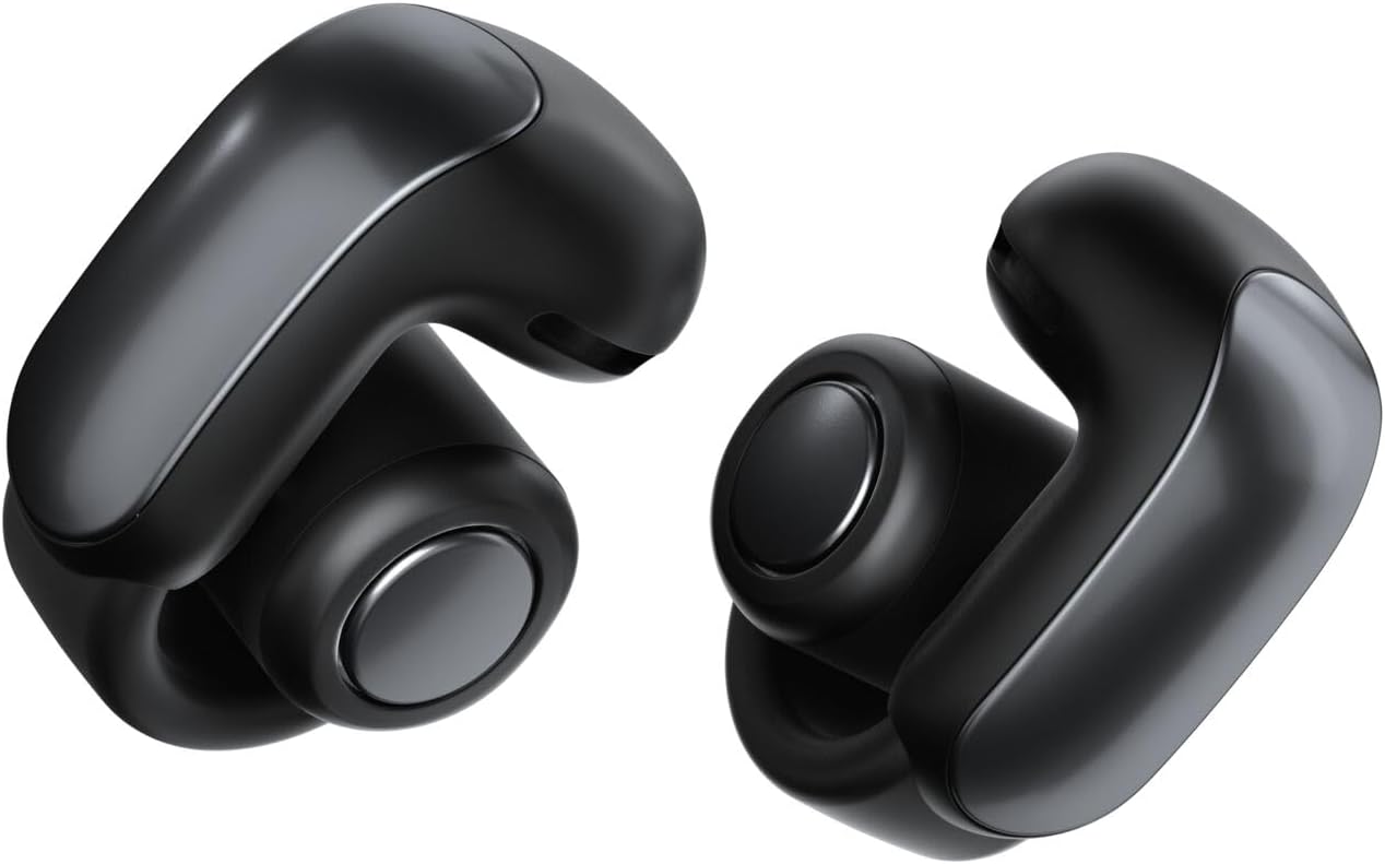 Bose Ultra Open Earbuds in black, clip-on cuff-style open-ear true wireless earbuds that pinch onto the ear