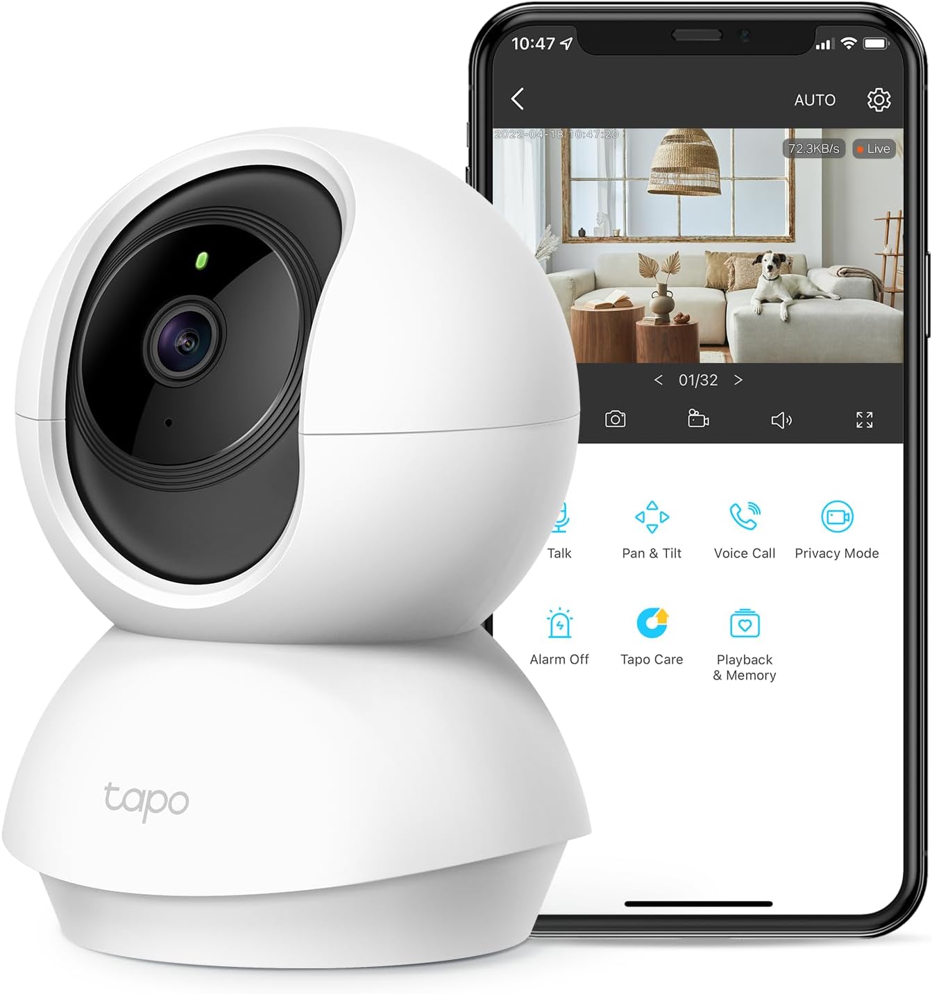 TP-Link Tapo C210 pan/tilt indoor camera, white compact body on rotating base with single front lens