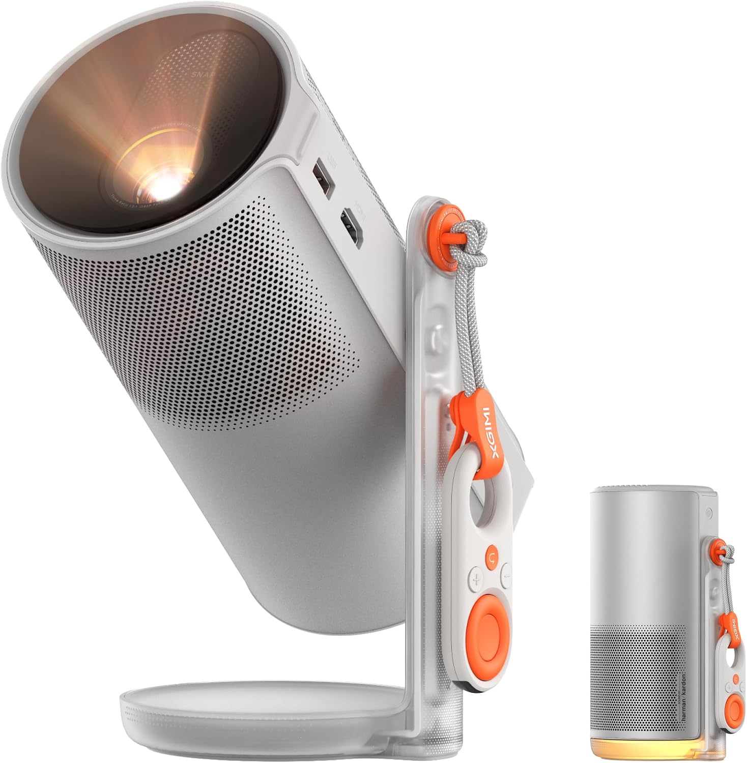 XGIMI MoGo 4 portable projector on a 360-degree tilting built-in stand angled upward