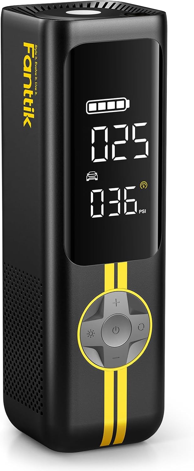 Fanttik X8 APEX cordless tire inflator with dual LCD screens and yellow accent