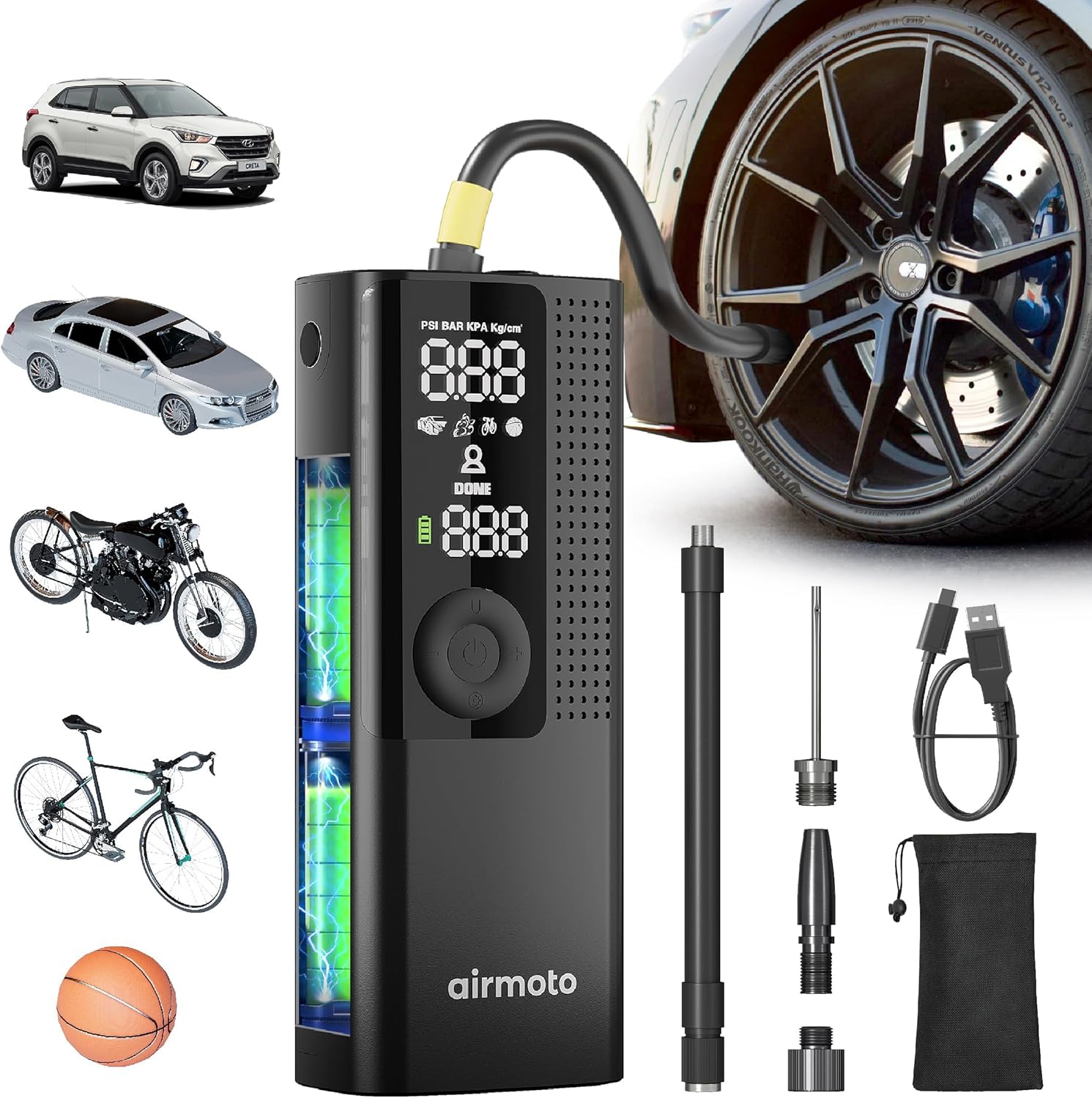 Airmoto Smart Tire Inflator in black palm-sized form factor with digital display