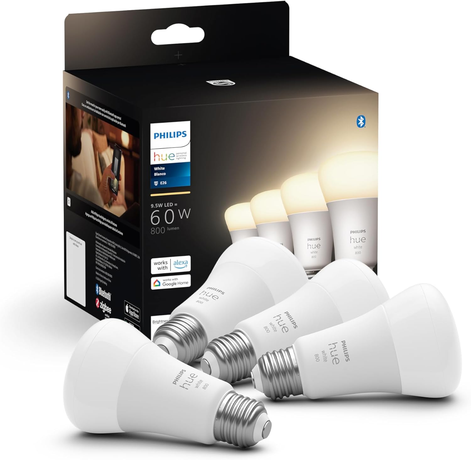 Philips Hue White A19 smart bulb, single white frosted bulb with E26 base and Hue branding