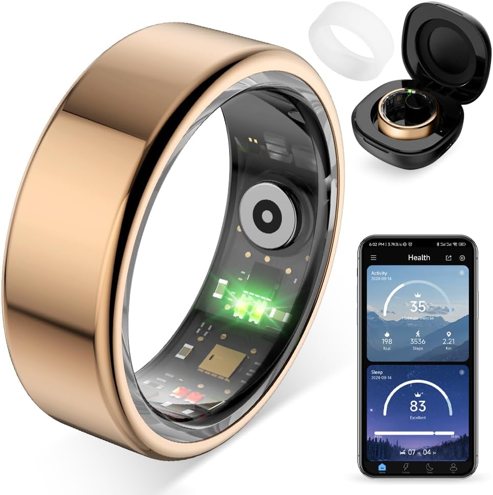 COLMI R02 rose gold budget smart ring with charging case and companion health app on a phone