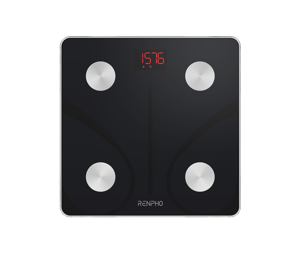 RENPHO Elis 1 smart scale in black with four metallic sensor pads, a red LED display showing weight, and the RENPHO logo on a tempered glass platform