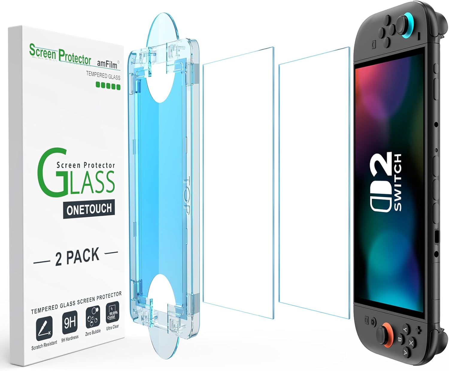 amFilm Auto-Alignment OneTouch tempered glass screen protector for Nintendo Switch 2, 2-pack with alignment tray