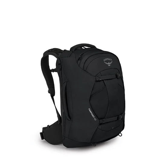 Osprey Farpoint 40 black travel backpack with clamshell zippered main compartment and stowable harness
