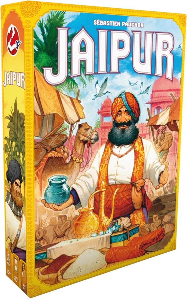 Jaipur two-player trading card game box by Space Cowboys with colorful goods cards and camel tokens