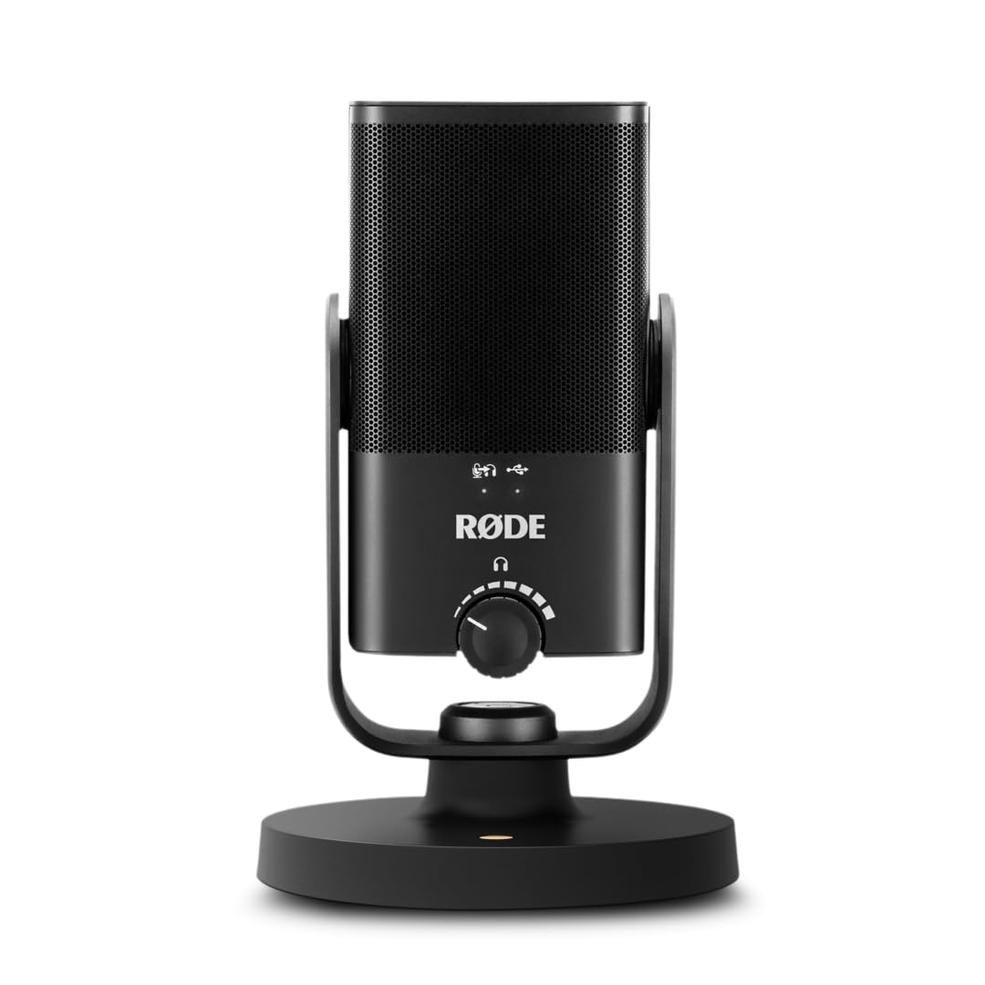 RØDE NT-USB Mini compact USB condenser microphone in black with integrated pop filter and desktop stand