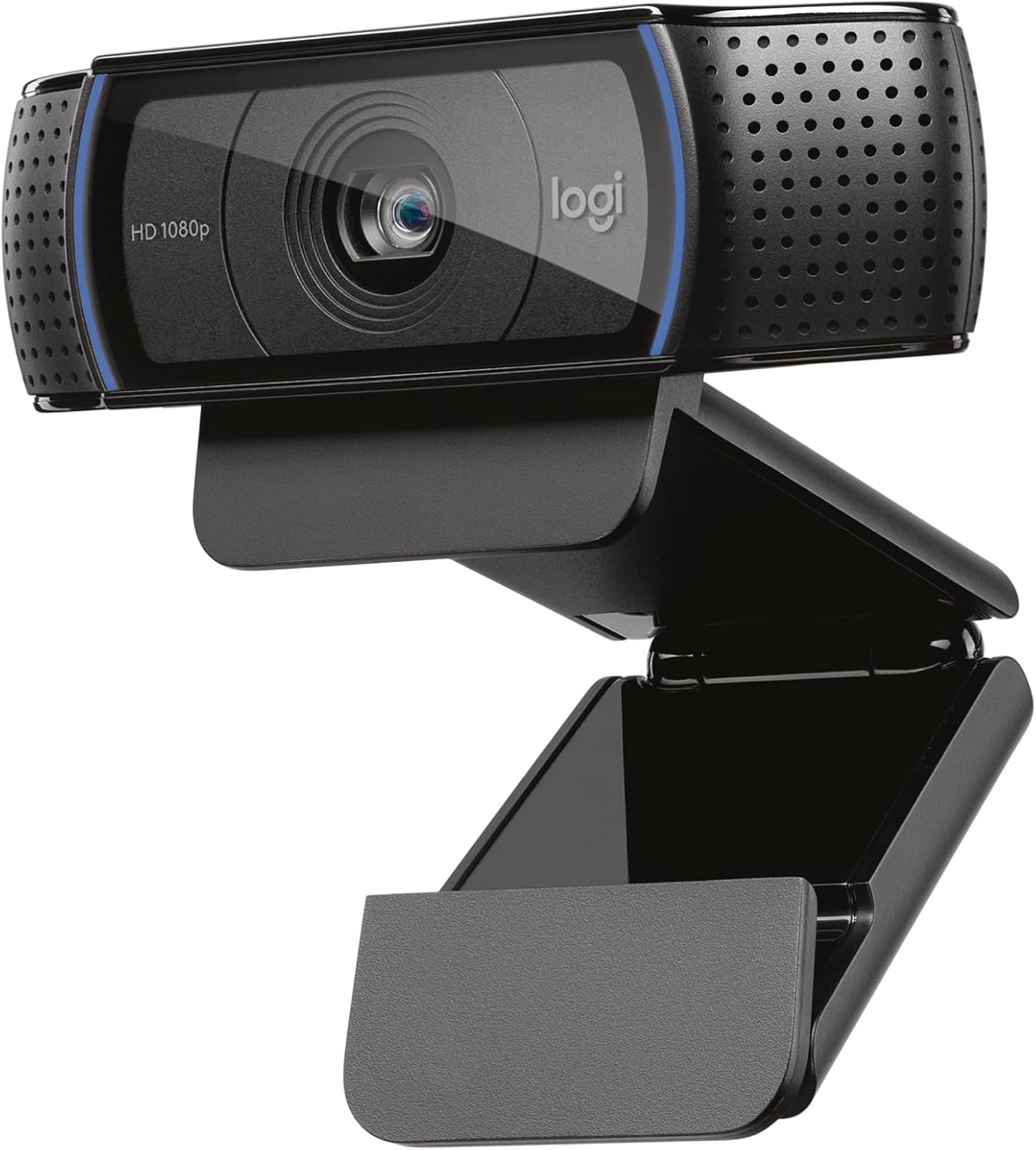 Logitech C920x HD Pro webcam with glass lens and dual stereo mics on a black clip mount