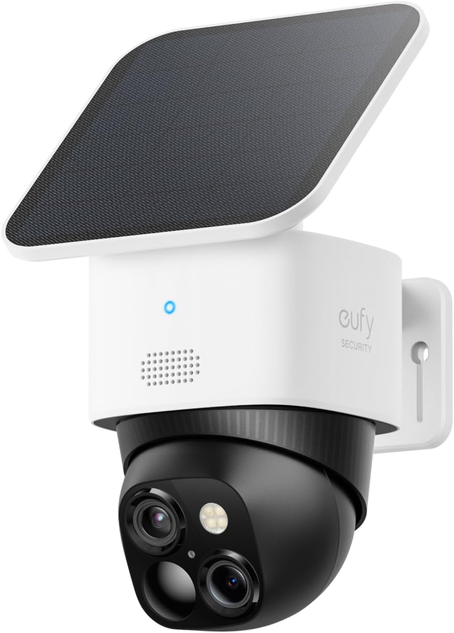 eufy SoloCam S340 3K dual-camera solar wire-free outdoor security camera with white pan-and-tilt body