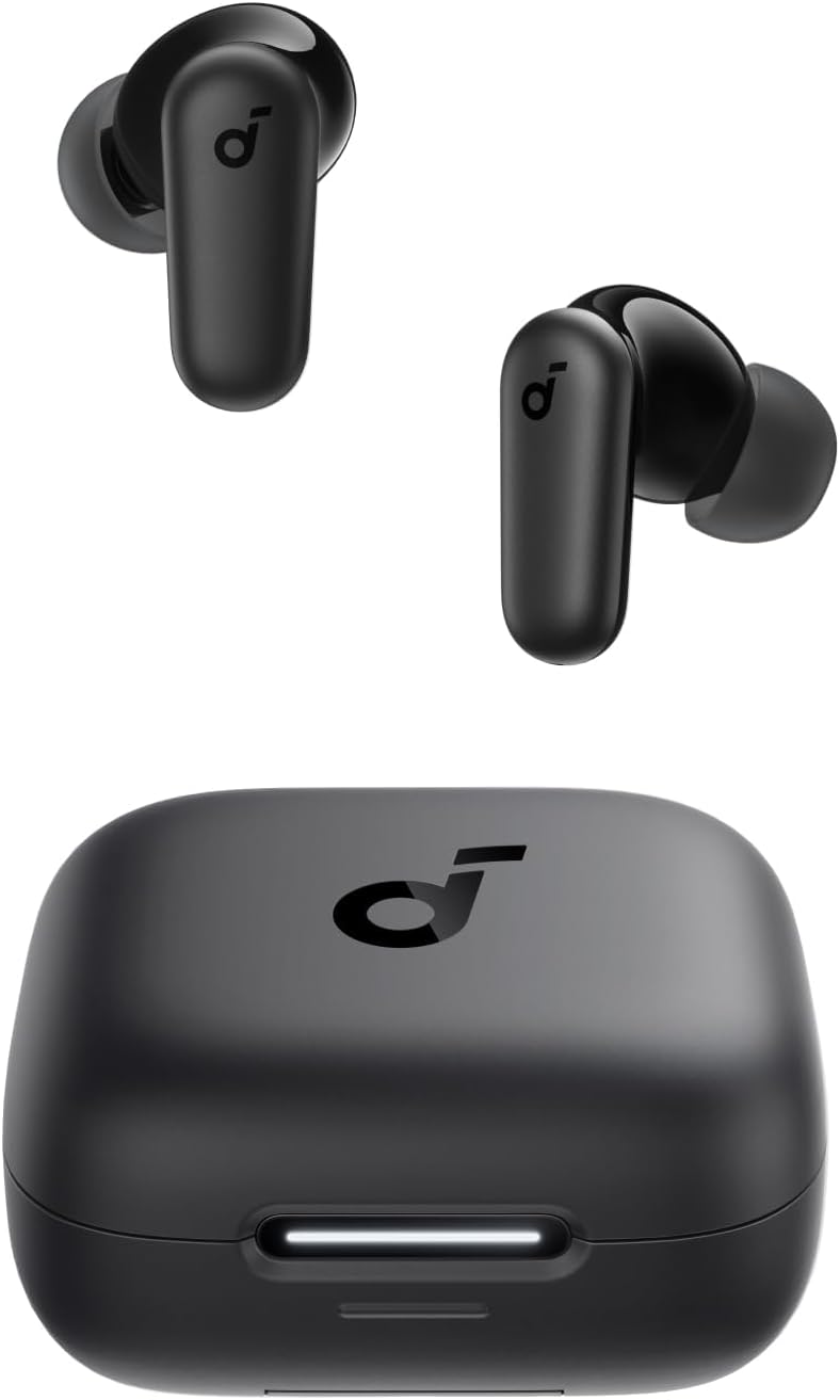 Soundcore P30i true wireless earbuds with semi-in-ear fit and oval-shaped charging case